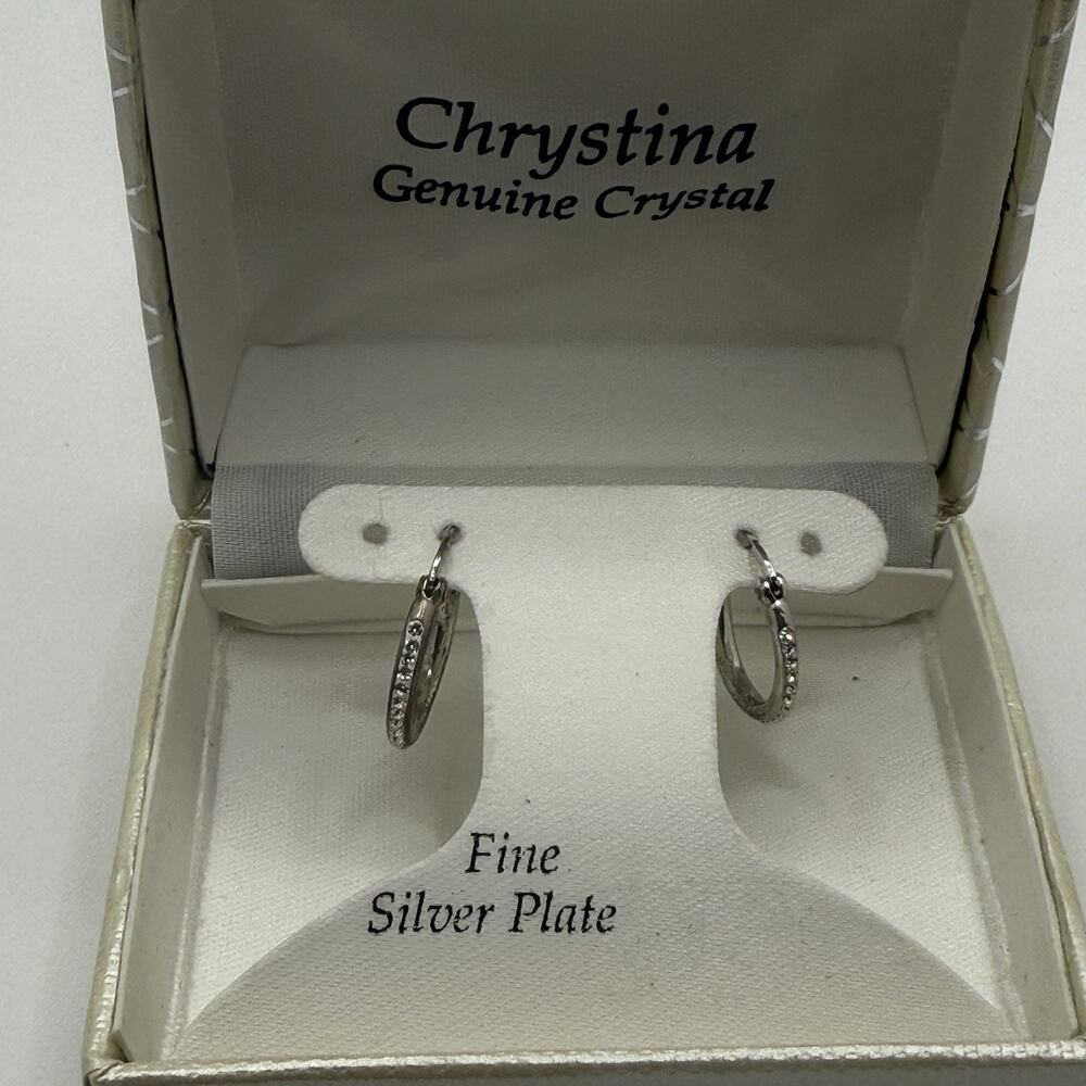 Chrystina Silver Hoop Earrings Genuine Crystal Fine‎ Silver Plated Classic